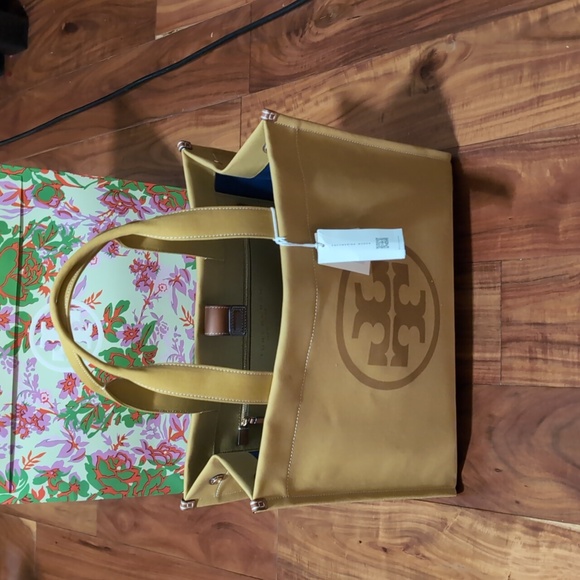 Tory Burch Spacious Silhouette Ella Canvas Canary Tote + Gift Bag Nwt ❤️ - Picture 2 of 8